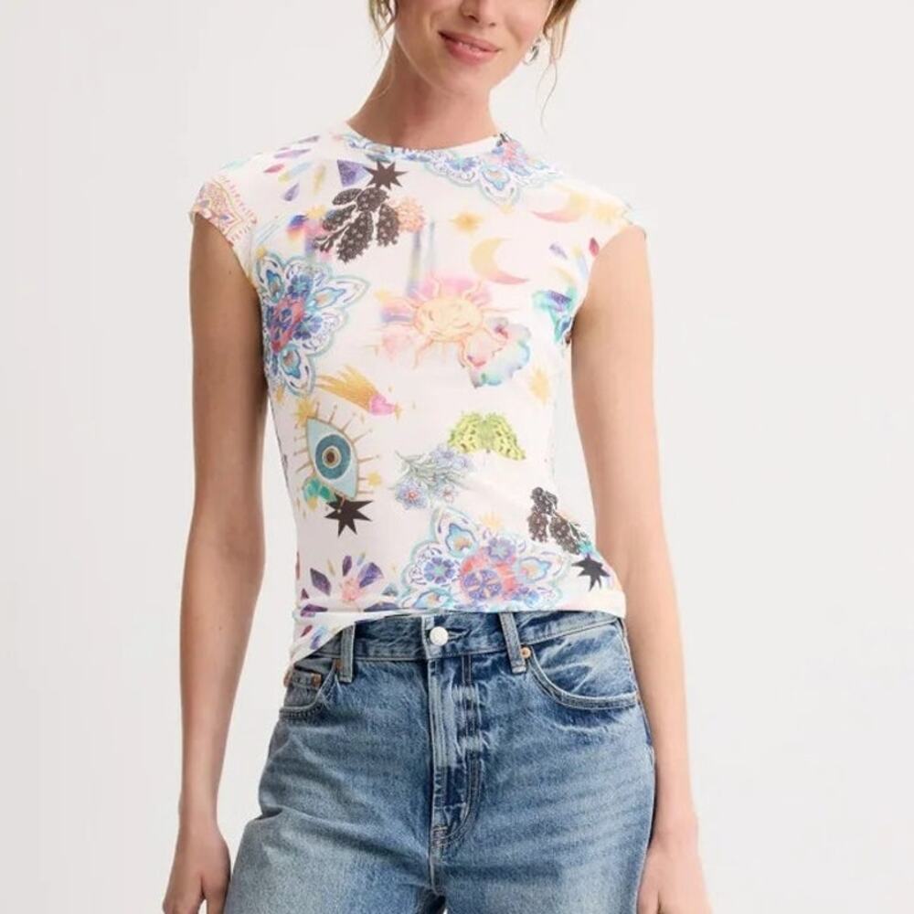AFRM Nina Top Sun & Floral Print Sheer Mesh Cap Sleeve Tee Summer Convo M - Picture 1 of 11